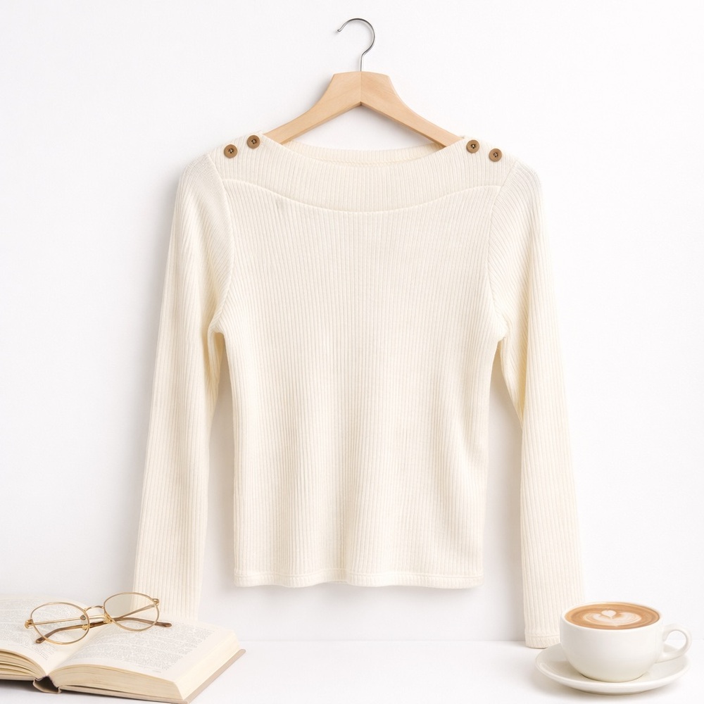 Madewell Cream Boatneck Ribbed Knit Top with Button Detail on Shoulders